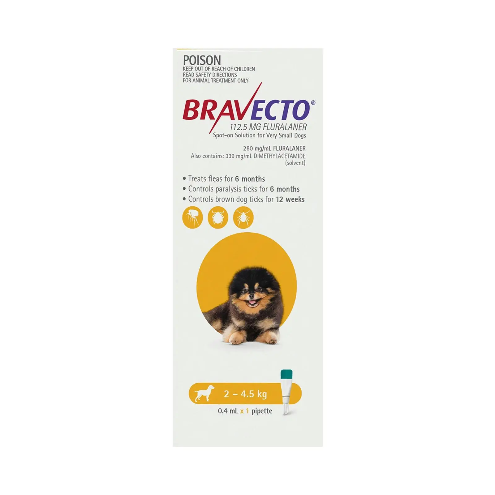 BRAVECTO Spot On For Toy Dogs 2-4.5Kg (Yellow) 1 Pipette