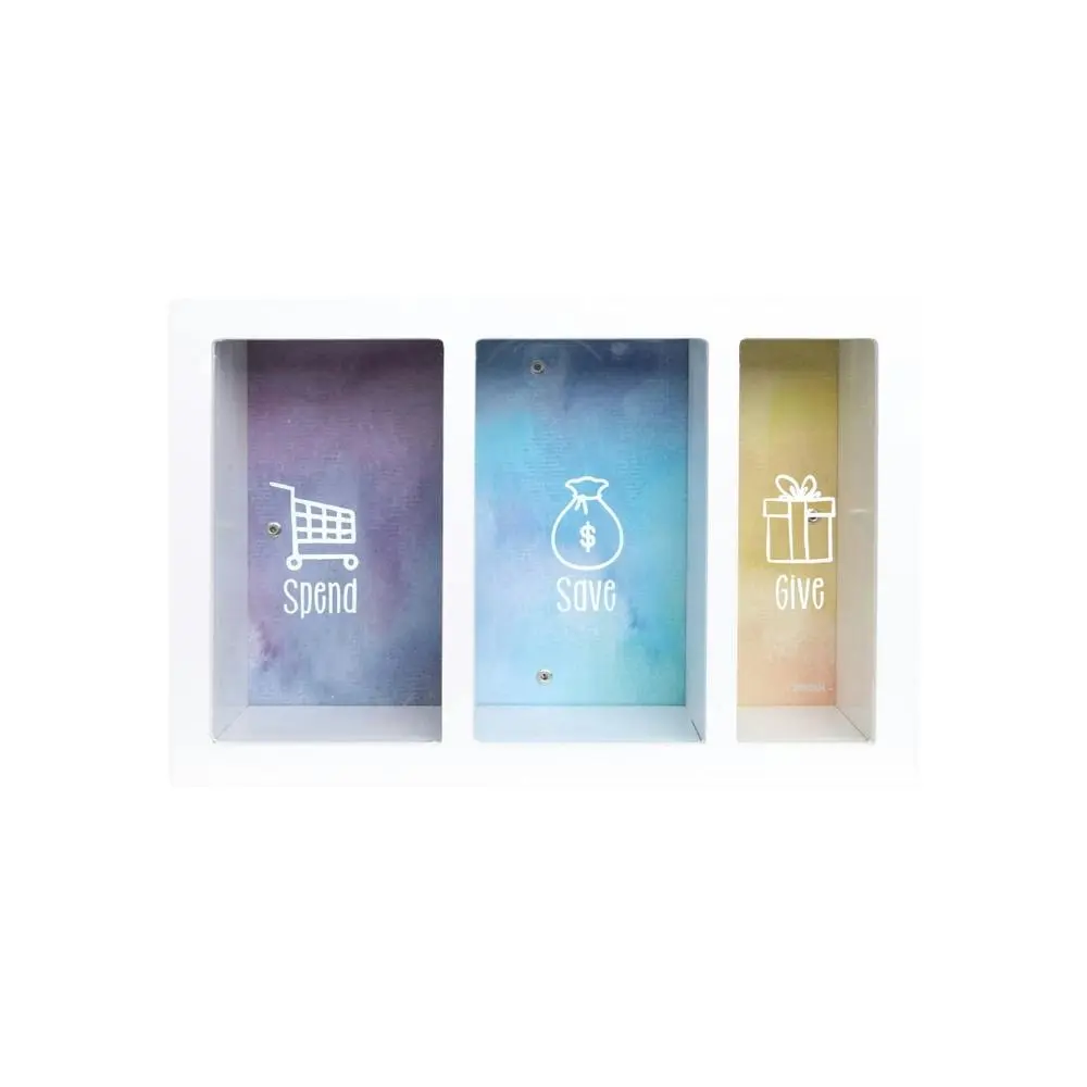 Splosh Spend Save Give Wood Change Box Money Storage 24x16cm Rectangle White - Hobbies