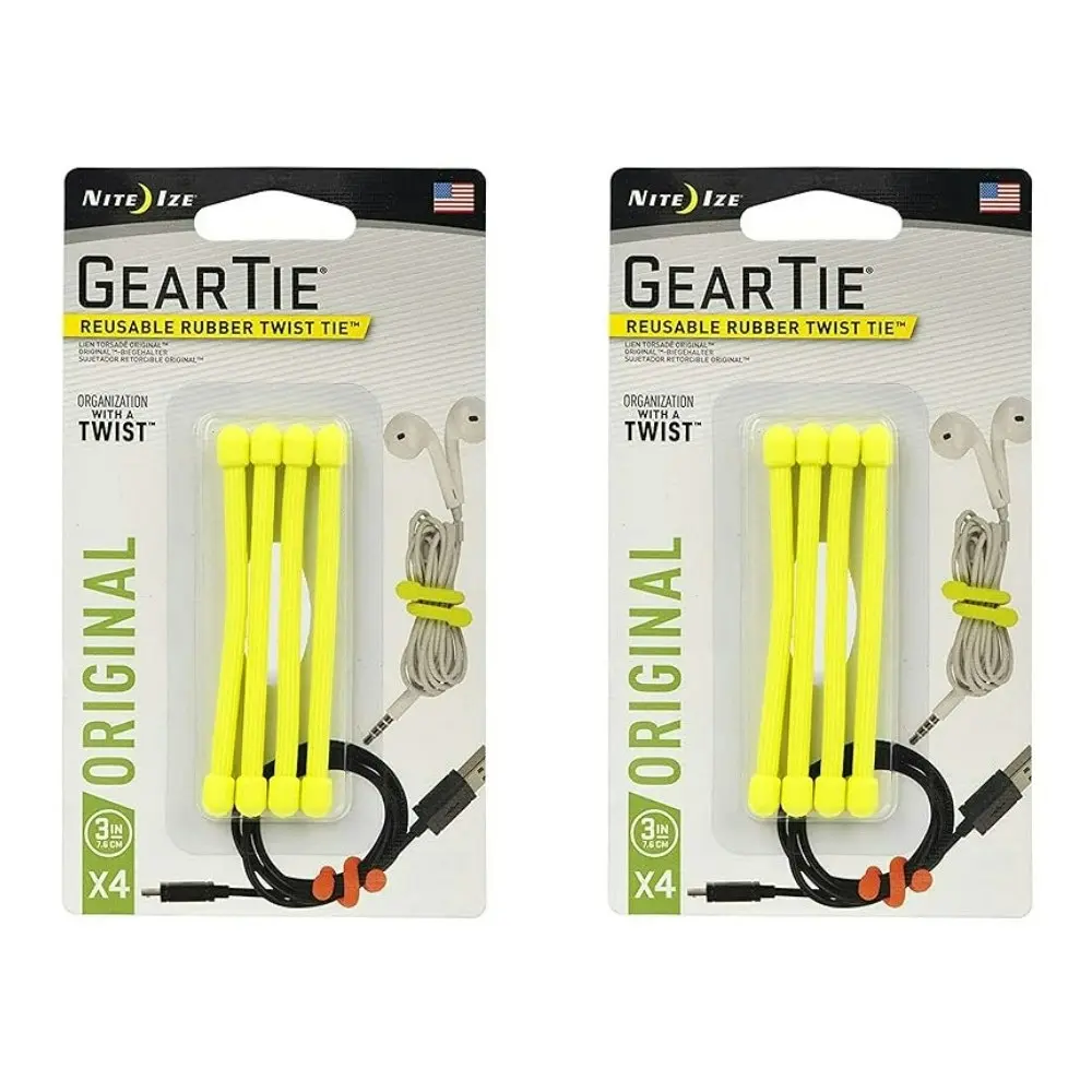 8pc Nite Ize 3in Rubber Gear Tie Reusable Wire Twist Cable Organiser Pack Yellow - Sports & Outdoor