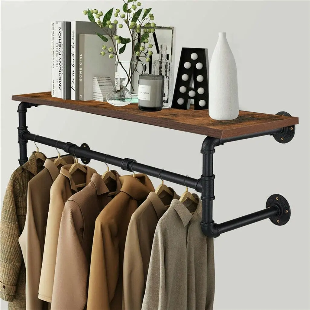 Upgraded Heavy Duty Pipe Clothes Rack Iron Garment Hanging Bar with Top Shelf - Home & Garden