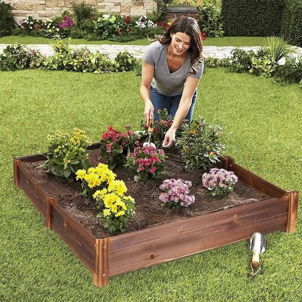 Fin Durable Carbonized Wood Garden Raised Bed Plant Box For Flower Vegetables Herbs - Home & Garden