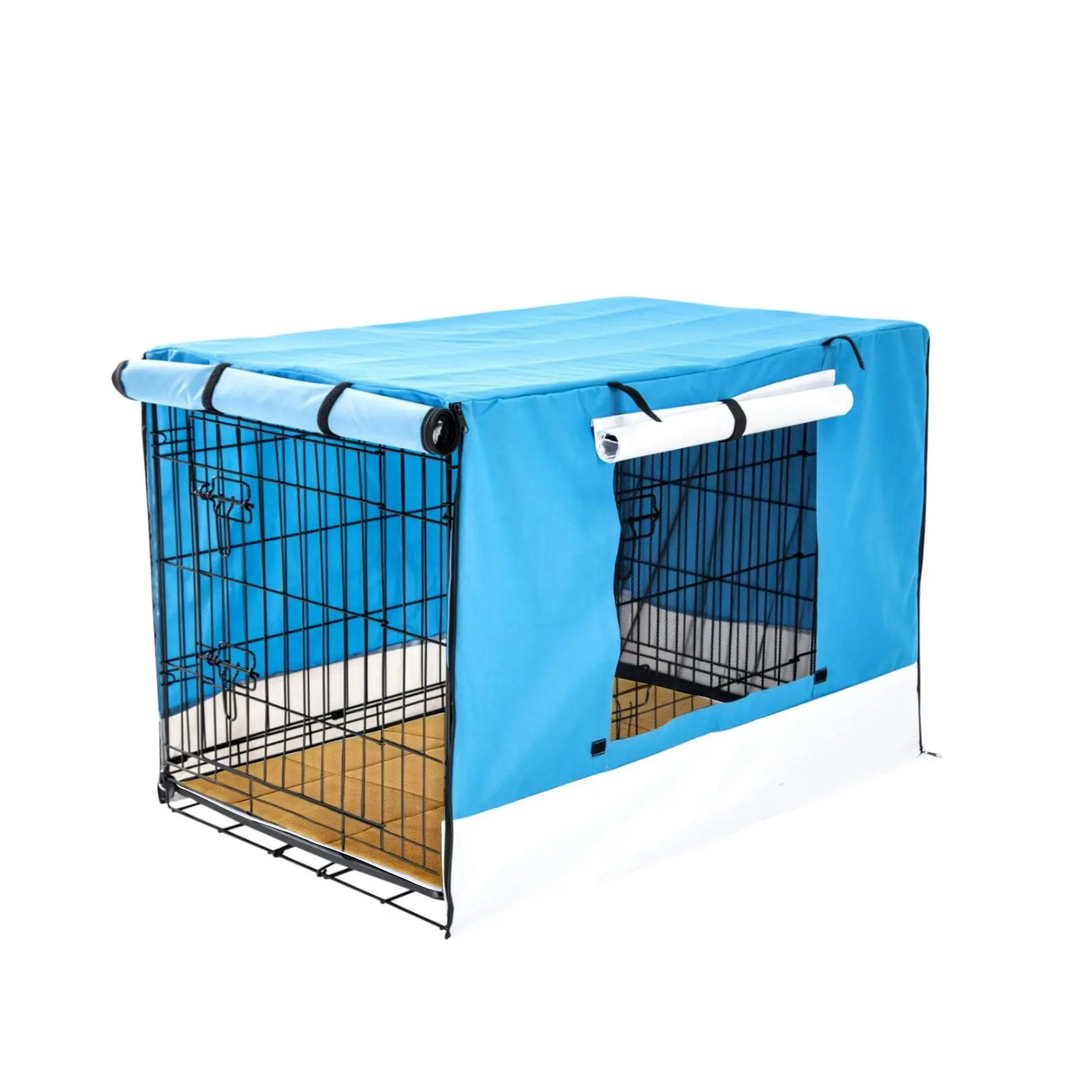30in Foldable Wire Dog Cage with Tray + Cushion Mat + BLUE Cover - Pets