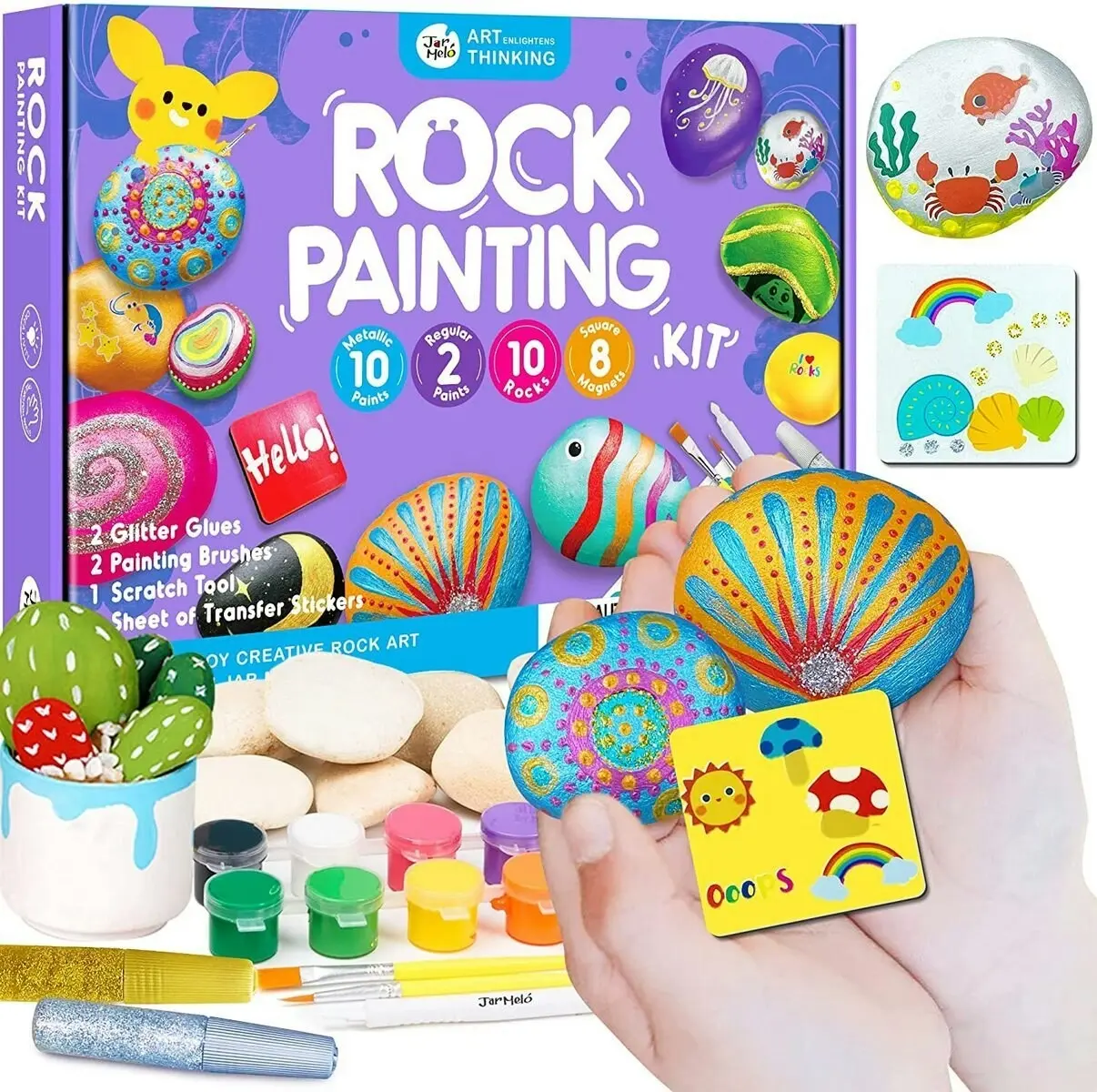 Jarmelo Rock Painting Kids Colouring Craft Kit Metallic Paints/Glitter Glue 3+ - Hobbies
