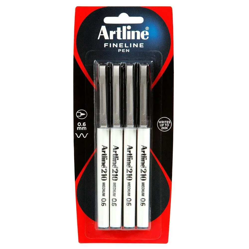 4pc Artline Fineline 210 Medium 0.6mm Line School Drawing Writing Pen Black - Back to School Specials