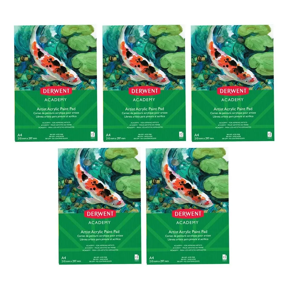5x Derwent Academy Art/Craft Acrylic Paint Paper Pad A4 Portrait 12 Sheet 300Gsm - Office