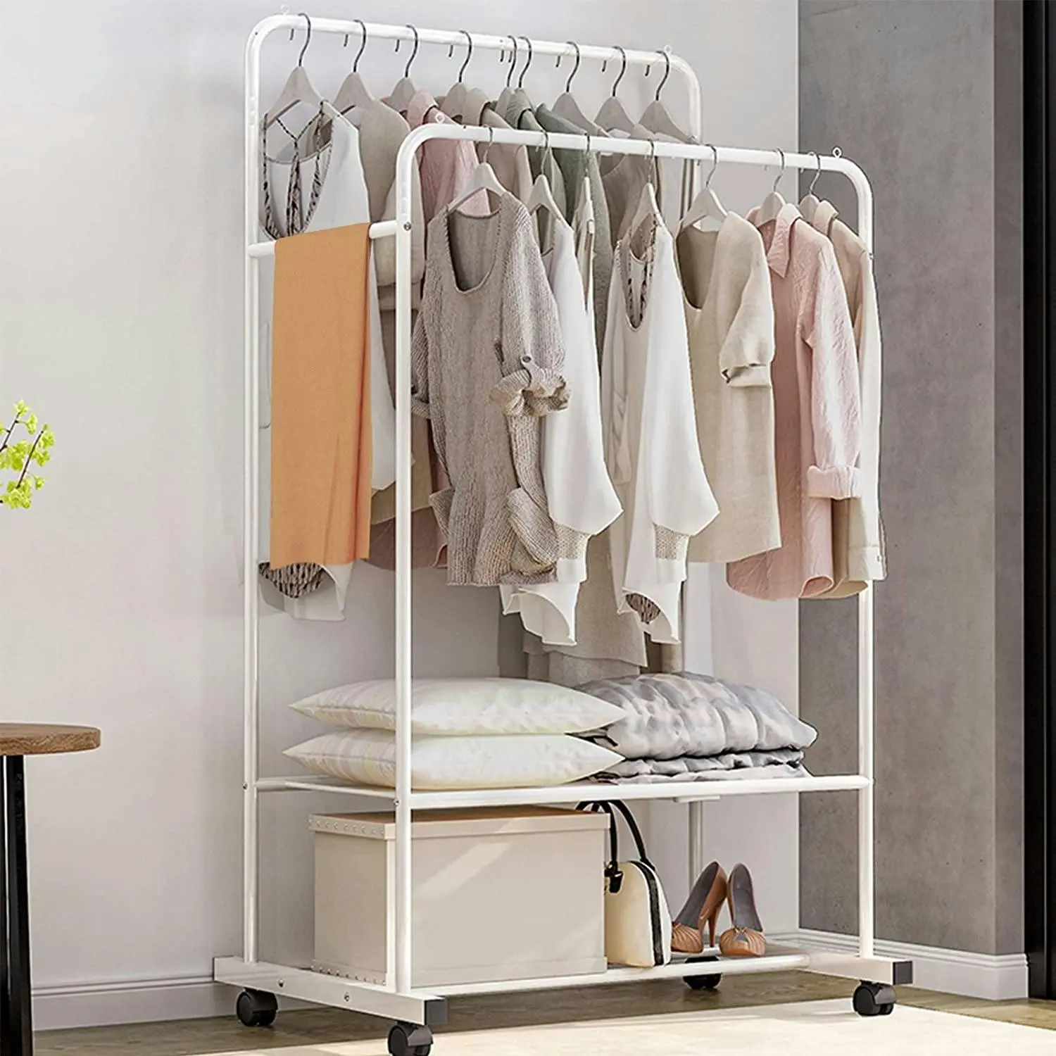 Clothing Rack with Wheels (White) - Home & Garden