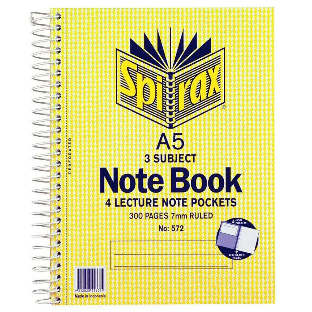 Spirax No.572 A5 3 Subject School/Uni 300 Pages Notebook 21cm w/ Note Pockets - Back to School Specials
