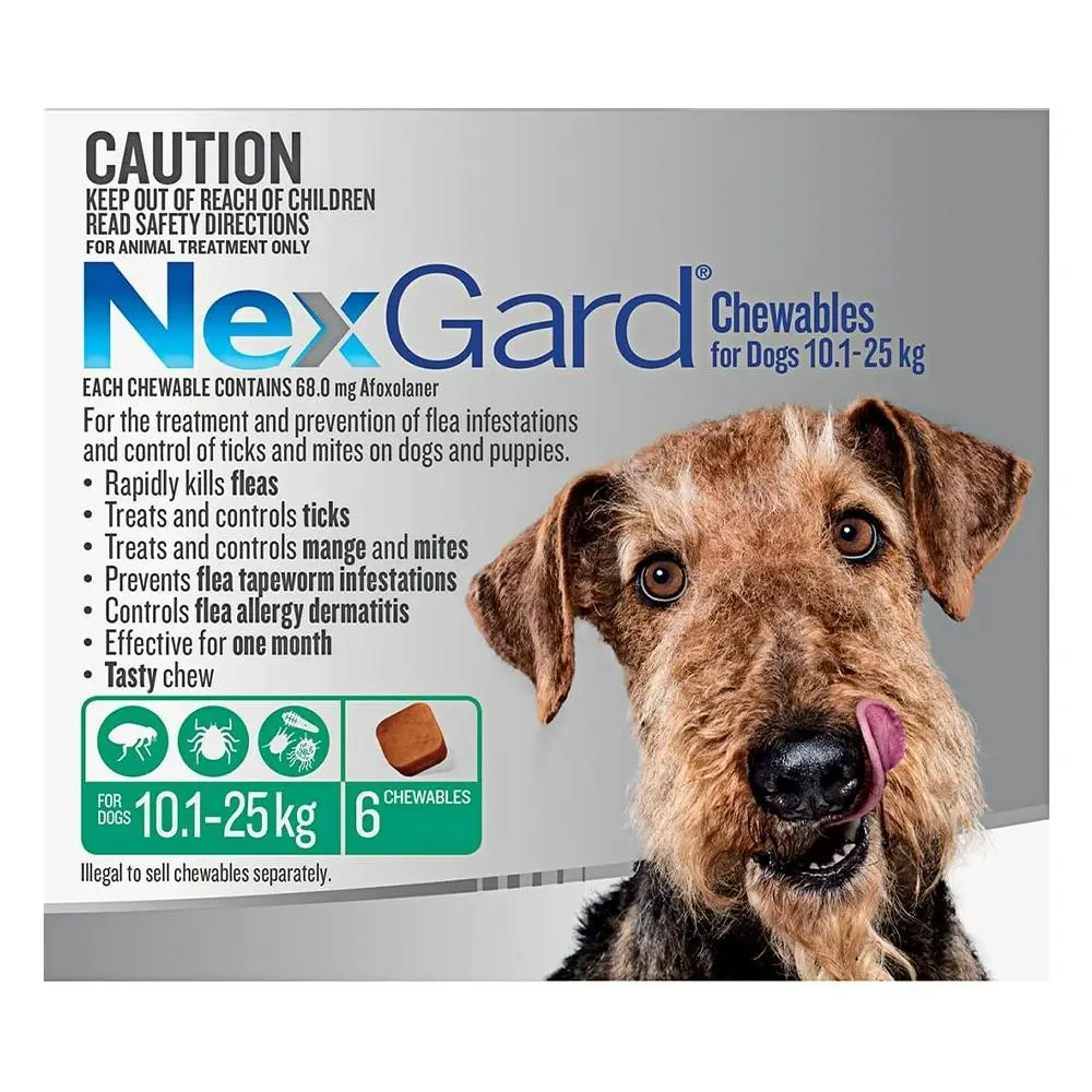 NEXGARD Chewables For Dogs 10.1 - 25 Kg (Green) 6 Chews