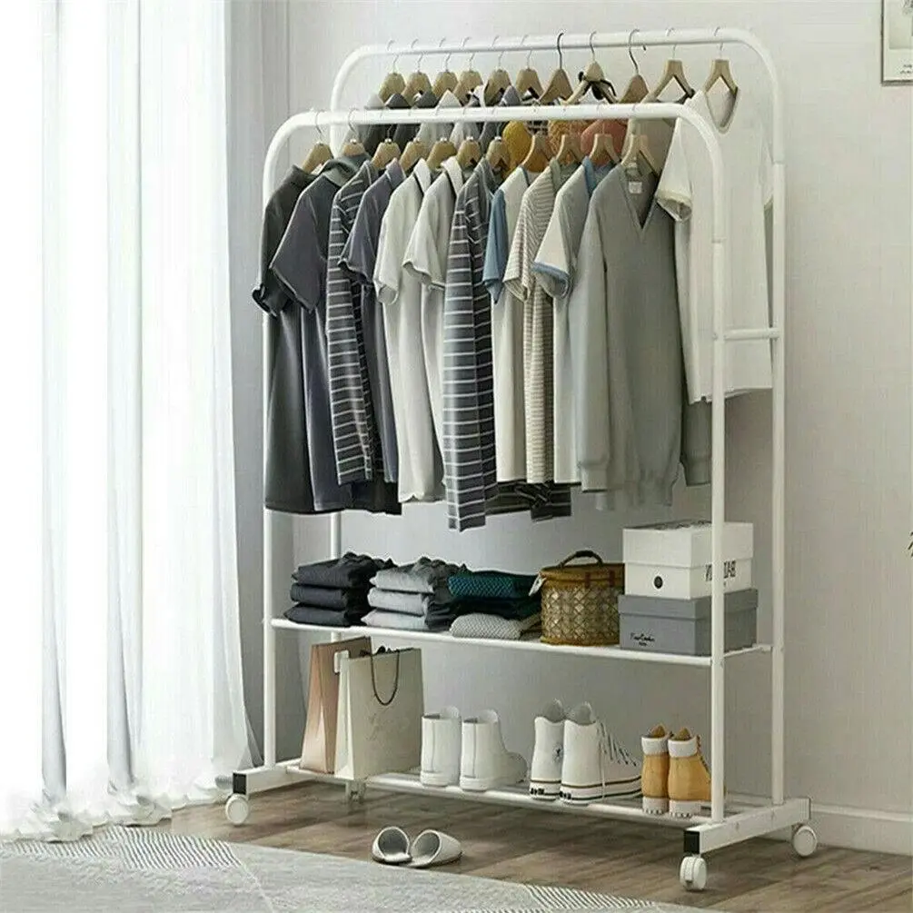 Fin Mobile White Garment Rack Dual Clothes Rail Rolling Hanging Shelf Closet Storage - Home & Garden