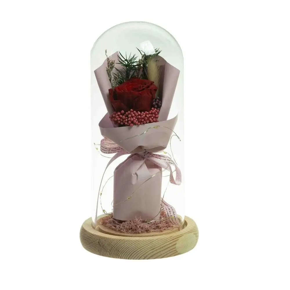 Glamorous Fusion Red Floral Artificial Fake Plant Decorative 21cm In Glass Dome - Home & Garden