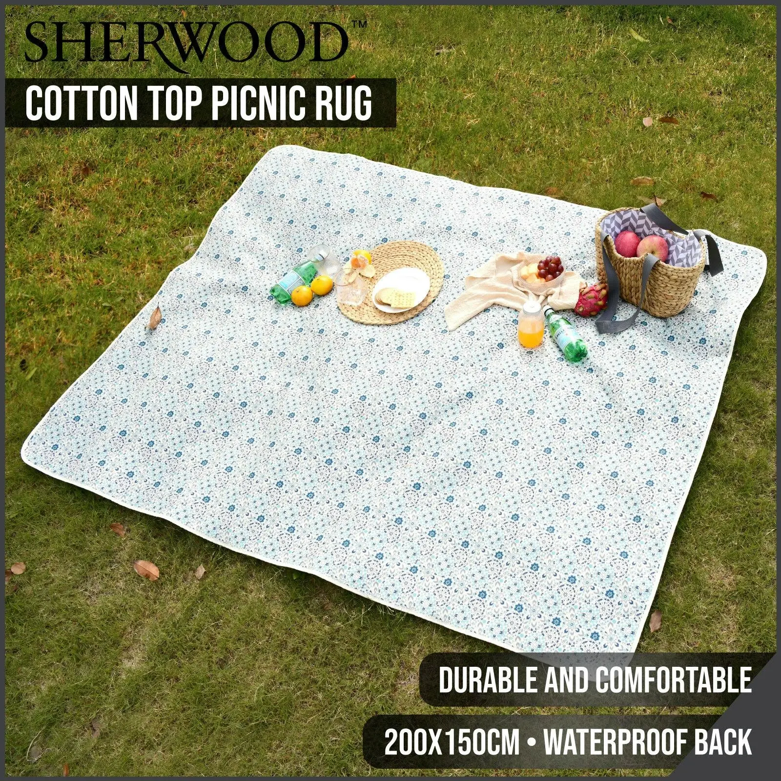 Sherwood Cotton Top Picnic Rug Blue Mosaic 200x150cm - Home & Garden