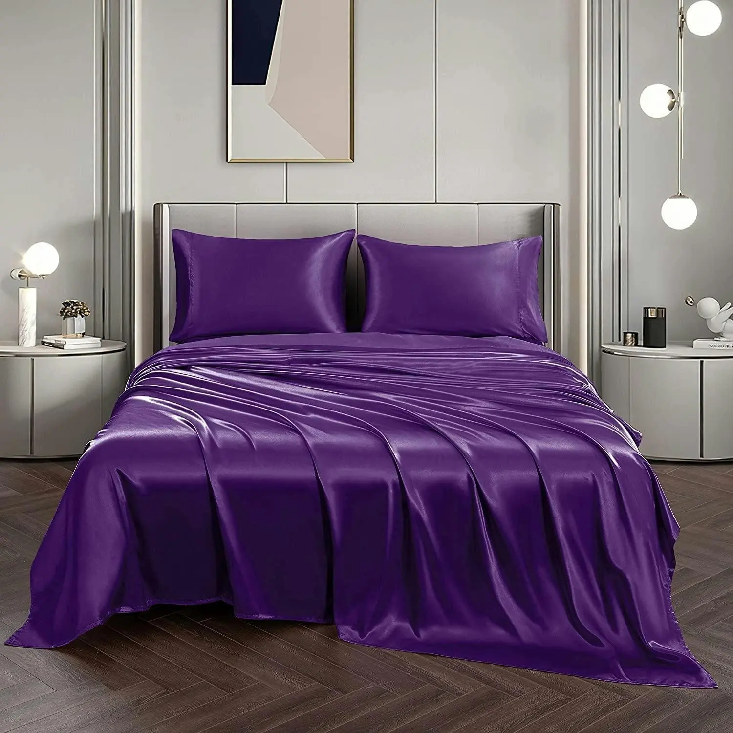 Soft Silky Satin Sheet Set 4pc 2000TC Queen, Deep Pocket Flat Fitted Bed Sheets Purple - Home & Garden