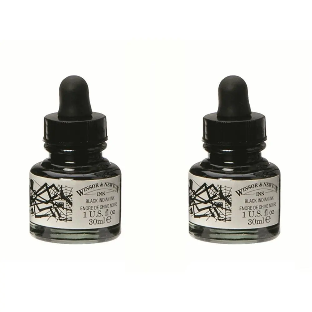 2x Winsor & Newton 30ml Black Indian Ink 951 Bottle w/ Dropper Art Calligraphy - Hobbies