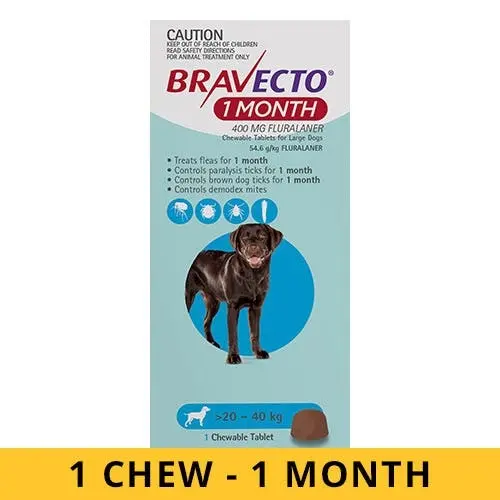 BRAVECTO For Dogs 20 to 40 Kg (BLUE) MONTHLY 1 Chew - Pets