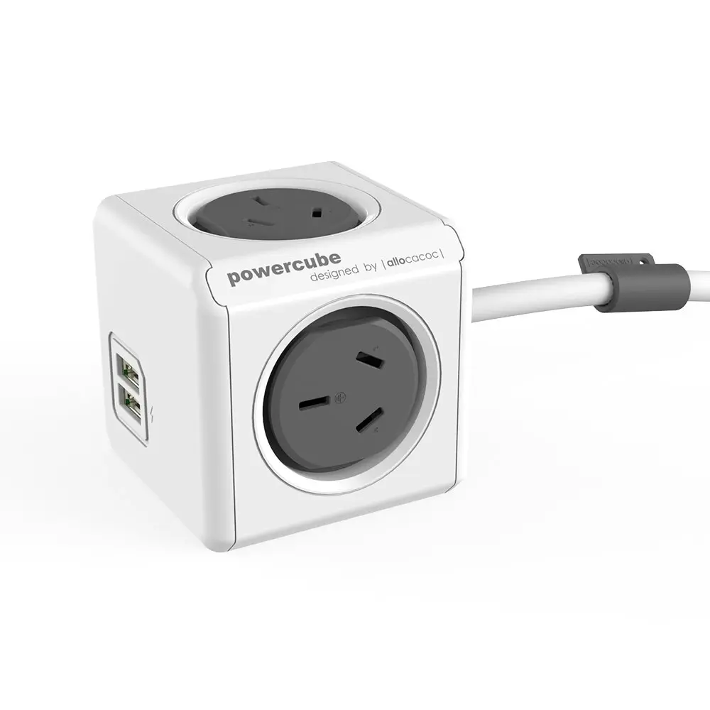 Grey PowerCube 4 Socket Mountable Power Board/1.5m Cord/2 USB Charger/240v 2400w - Electronics