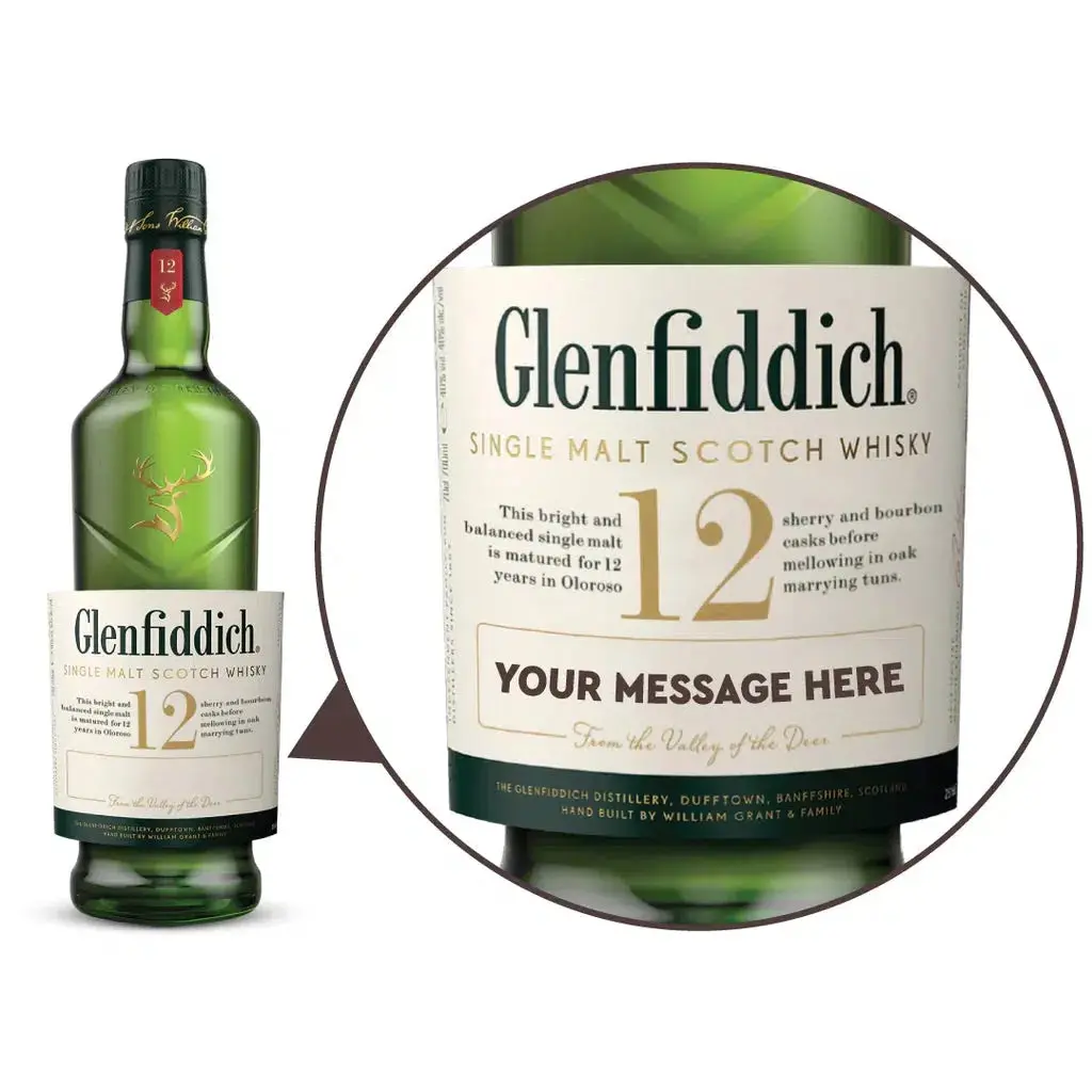 Glenfiddich 12 Year Old Single Malt Scotch Whisky Personalised Label 700ml - Alcohol