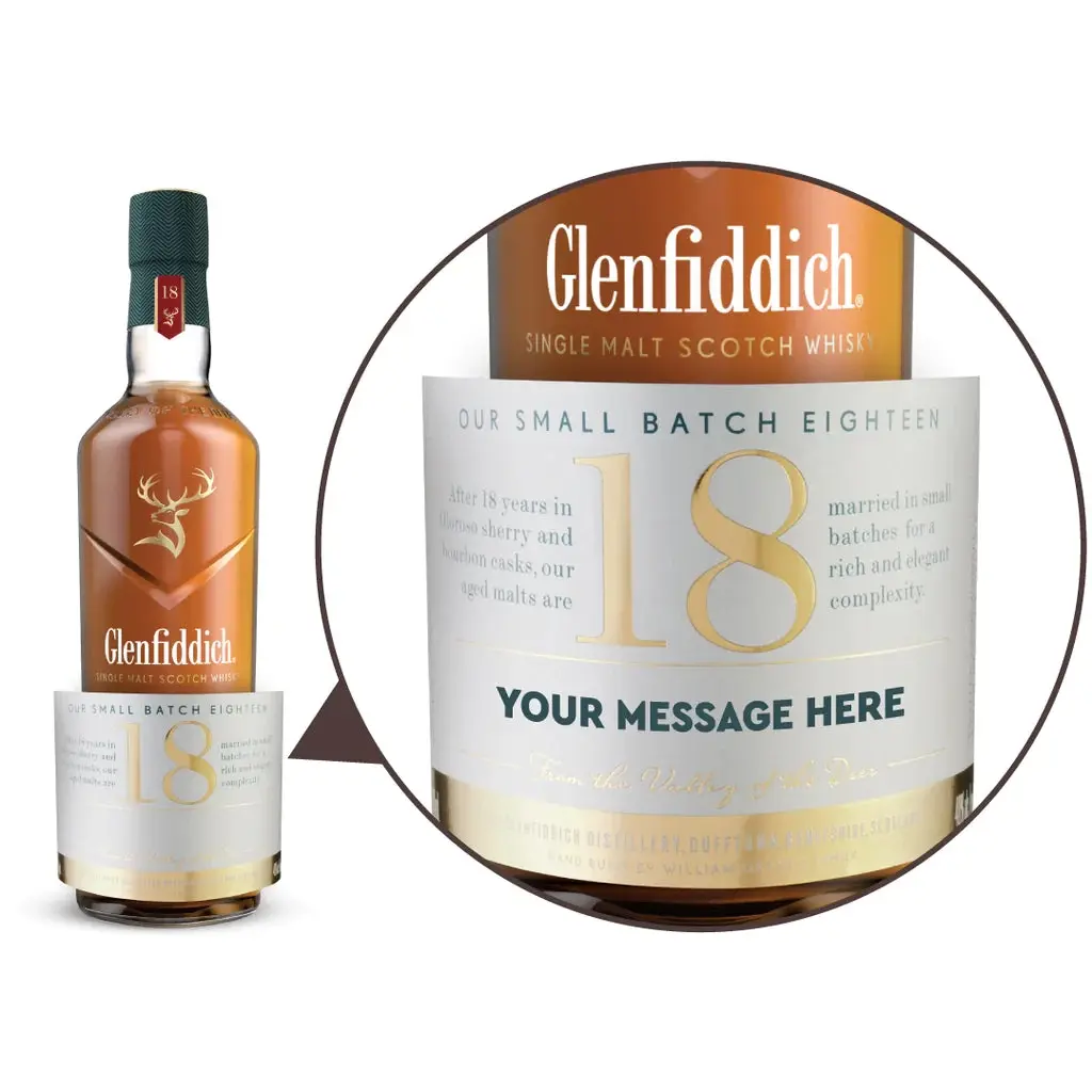 Glenfiddich 18 Year Old Single Malt Scotch Whisky Personalised Label 700ml - Alcohol
