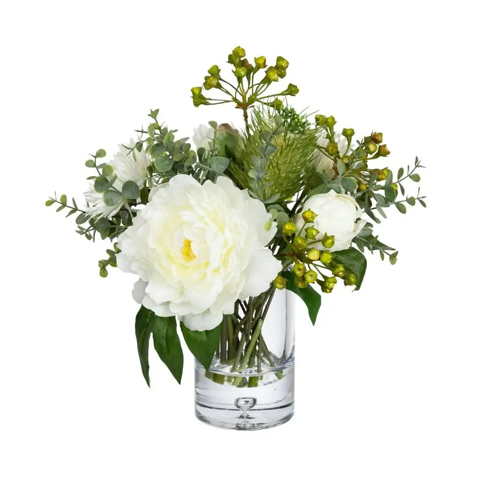 Glamorous Fusion Peony & Banksia 30cm White Artificial Faux Plant Flower Decorative Mixed Arrangement In Glass - Home & Garden