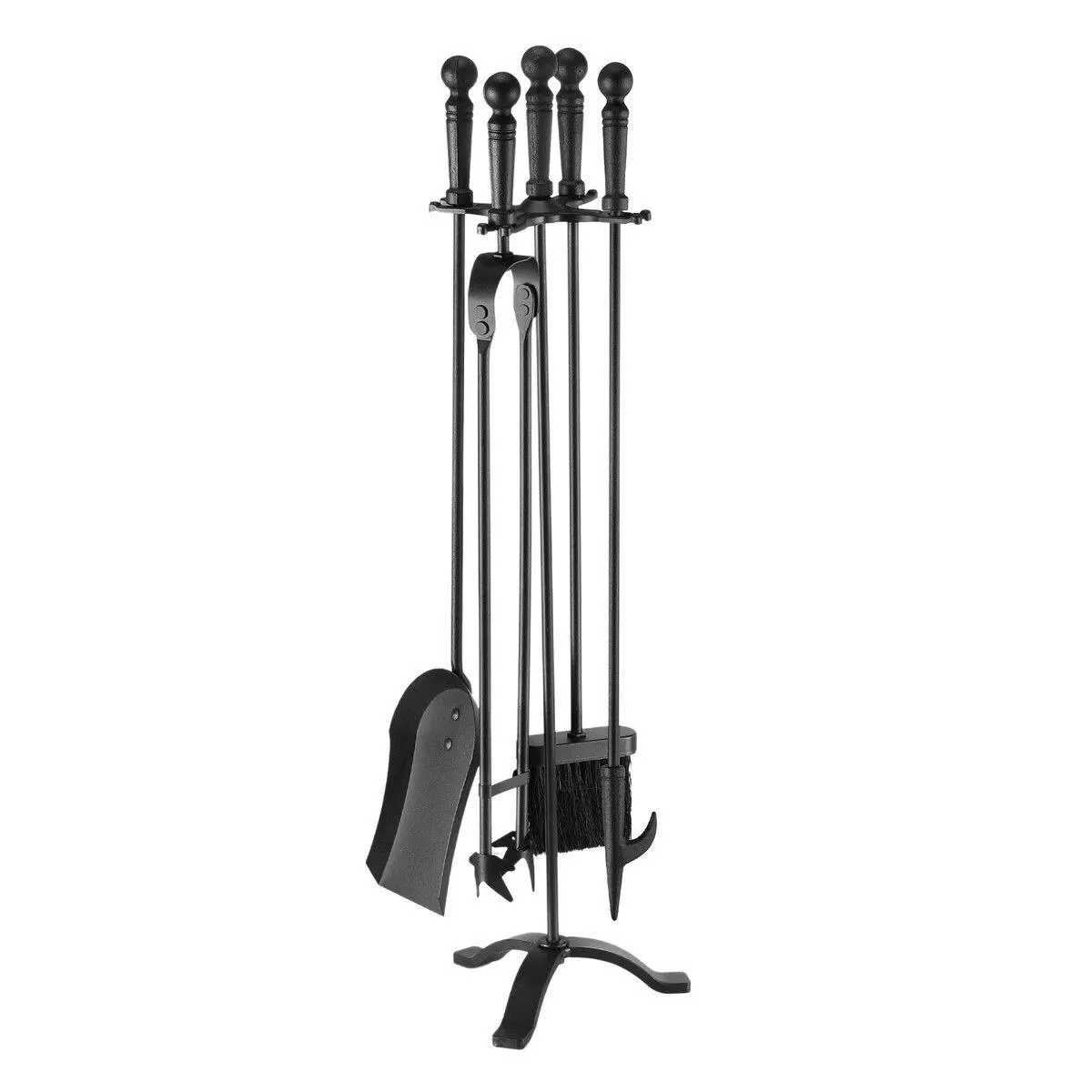 Ausway 5PCS Fireplace Tool Set Fire Poker Firepit Tongs Accessories Brush Shovel Cast Iron Black - Hardware
