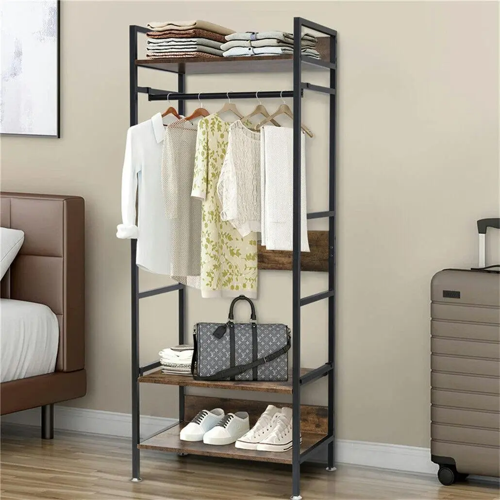 Open Wardrobe Closet Organizer with Metal Garment Rack - Home & Garden