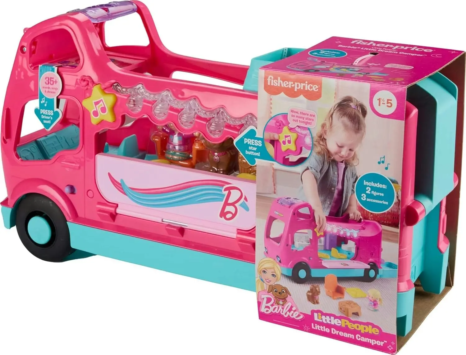 Fisher-Price Little People Barbie Little Dream Camper RV Playset With Music Lights & 2 Figures