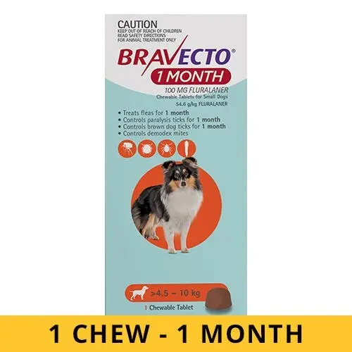 BRAVECTO For Dogs 4.5 to 10 Kg (ORANGE) MONTHLY 1 Chew - Pets