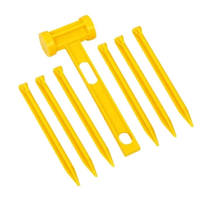 7pc Wildtrak Plastic Pegs & Double Headed Mallet Set For Camping Tent Yellow - Sports & Outdoor