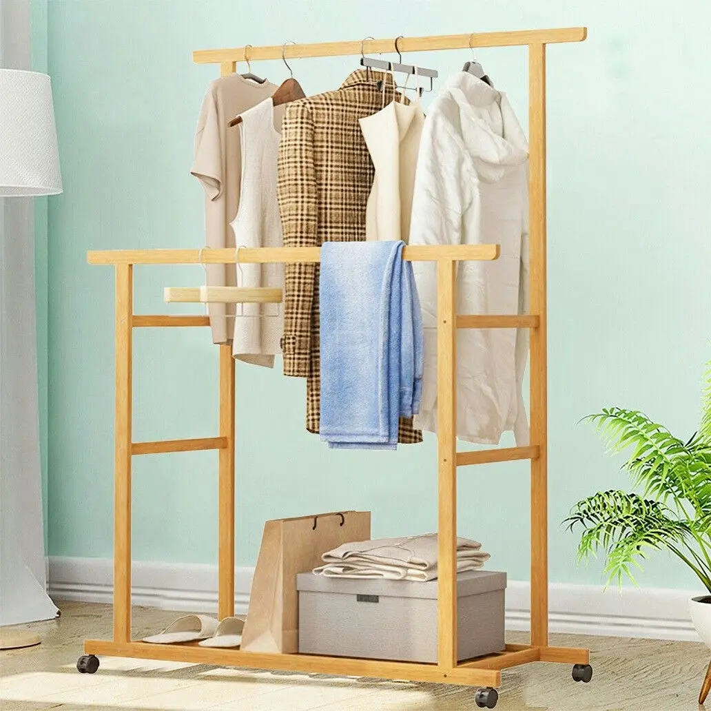 Fin Tall Double Rod Garment Rack Freestanding Rolling Clothes Rack With Bottom Shelf - Home & Garden