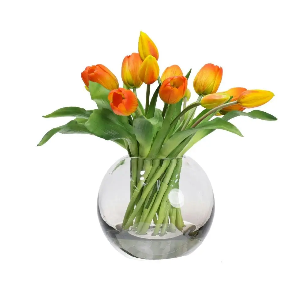 Glamorous Fusion Orange Tulip Artificial Faux Flower Plant Decorative Arrangement In Fishbowl - Home & Garden