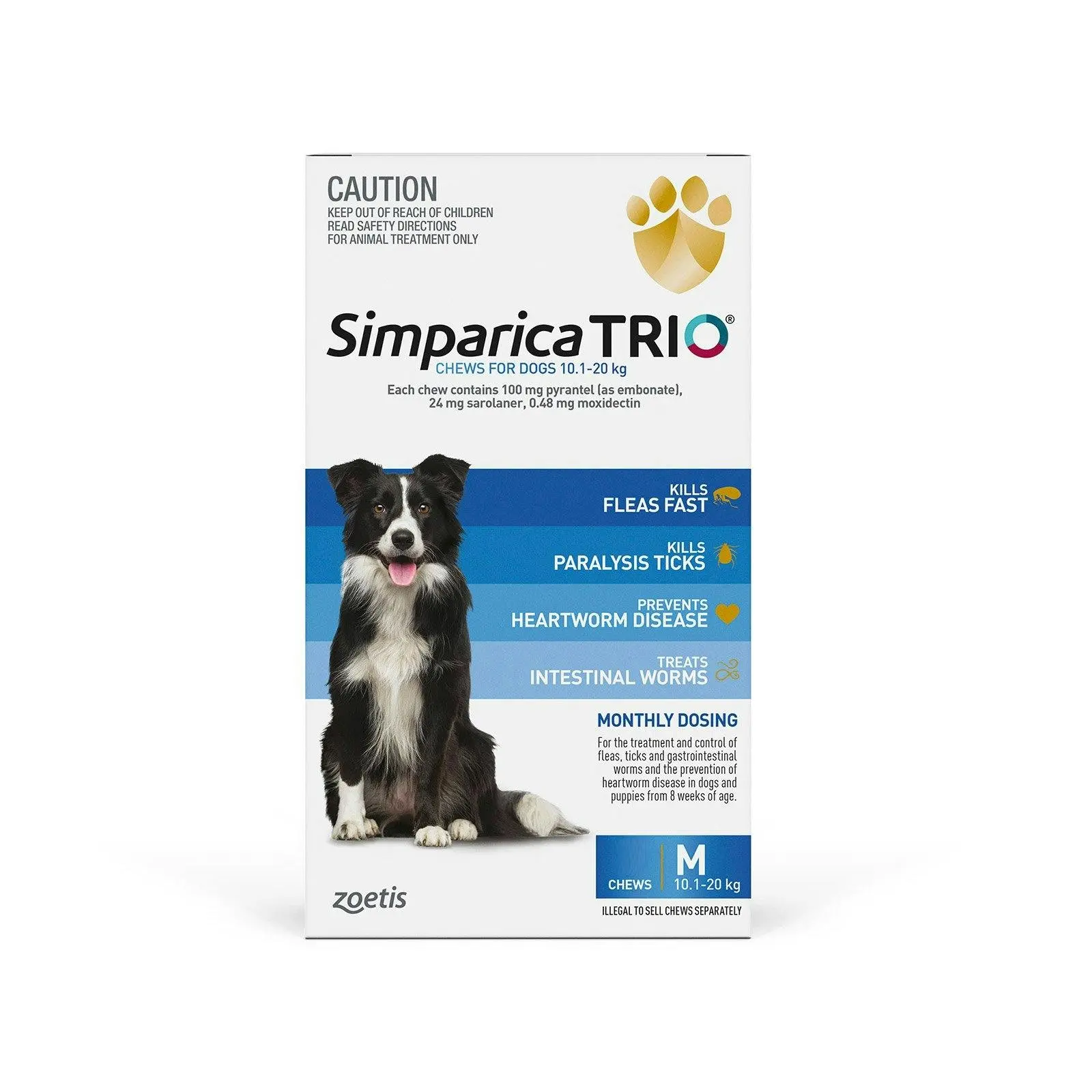 SIMPARICA TRIO for Medium Dogs 10.1 to 20 Kg (Blue) 6 Chews - Pets