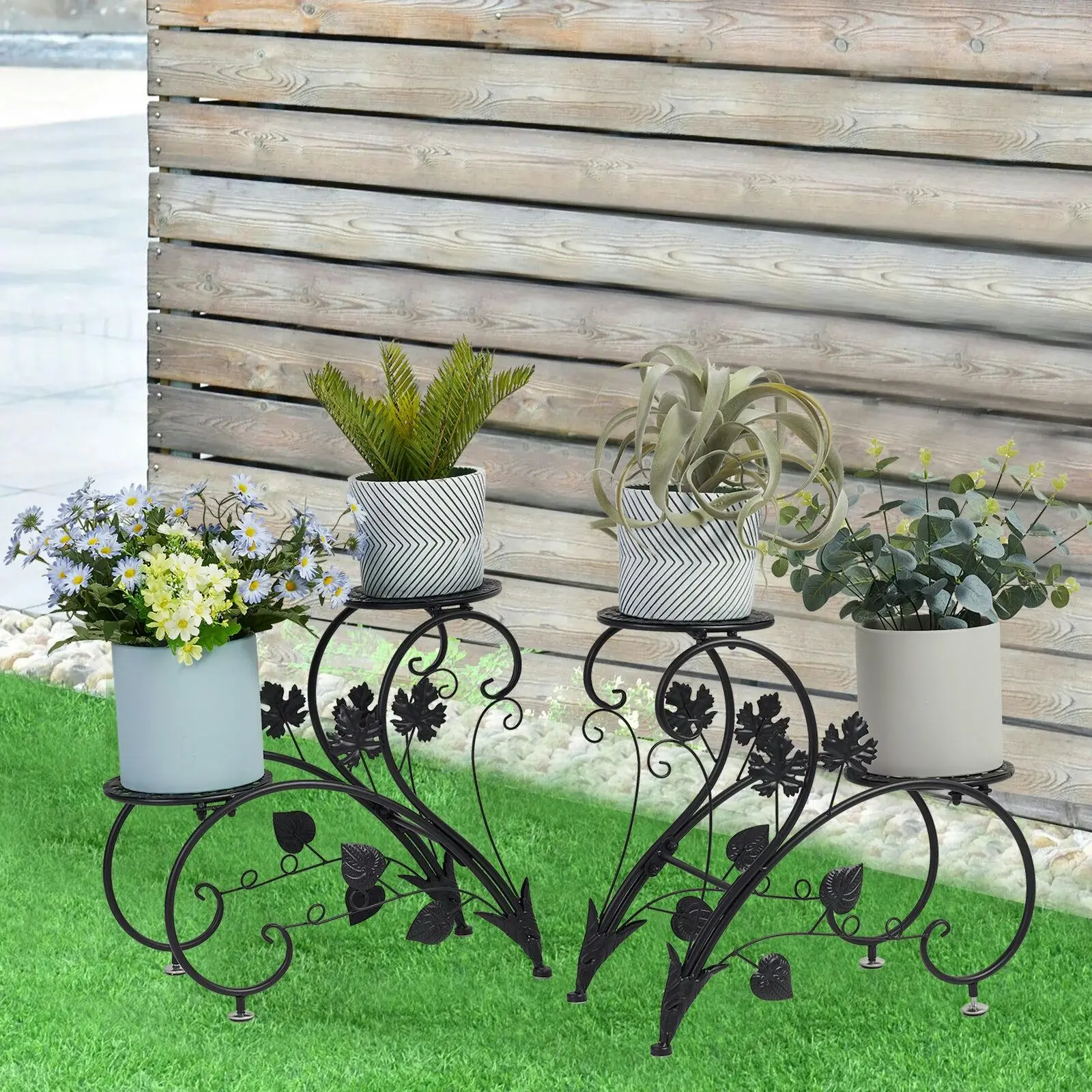 2Tier Metal Plant Pot Stand Heavy Duty Iron 4Potted Flower Planter Display Shelf - Home & Garden