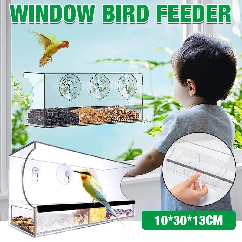 Large All Weather Clear Acrylic Window Bird Feeder With Tray & Drain Holes - Home & Garden