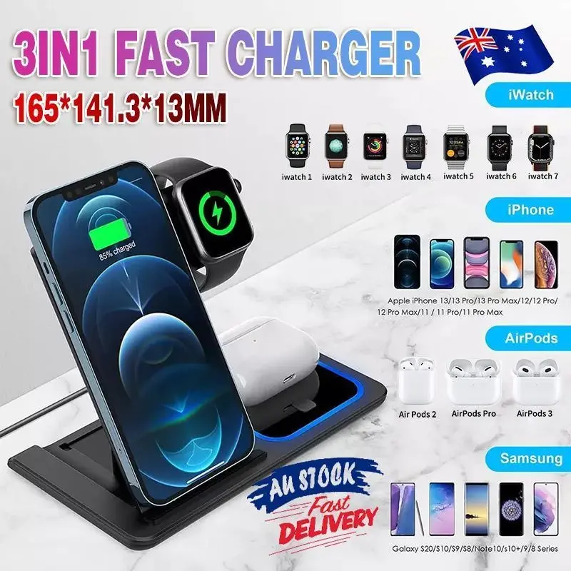 3 in 1 15W Wireless Charger Dock Qi Fast Charging For iPhone Apple Watch - Electronics
