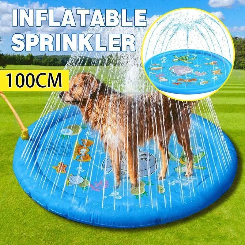 100cm Dog Splash Pad Inflatable Pet Sprinkler Mat PVC Water Play Toy for Outdoors - Pets
