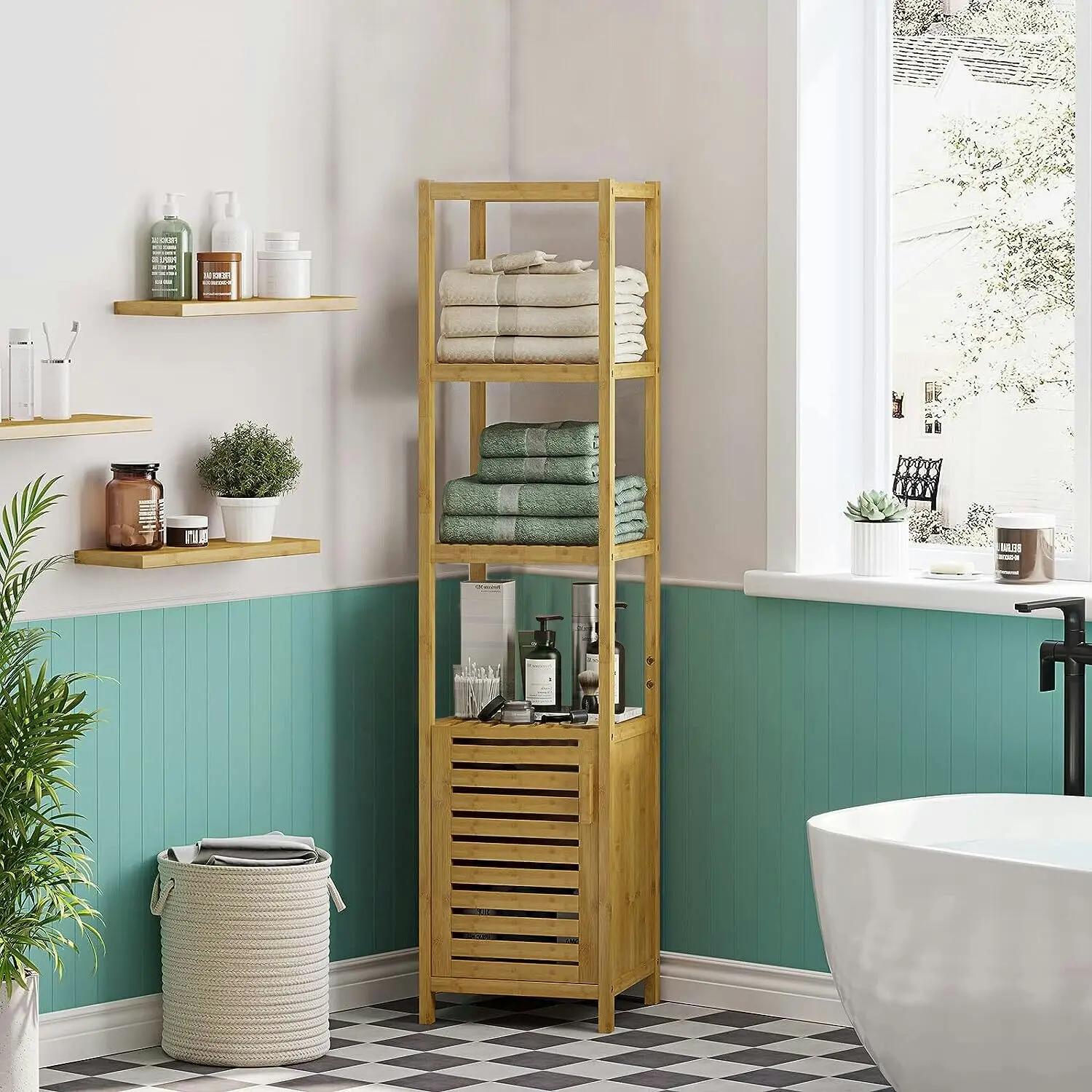 Fin Tall Slender Bamboo Freestanding Tower Cabinet Shelves Kitchen Bathroom Storage - Home & Garden