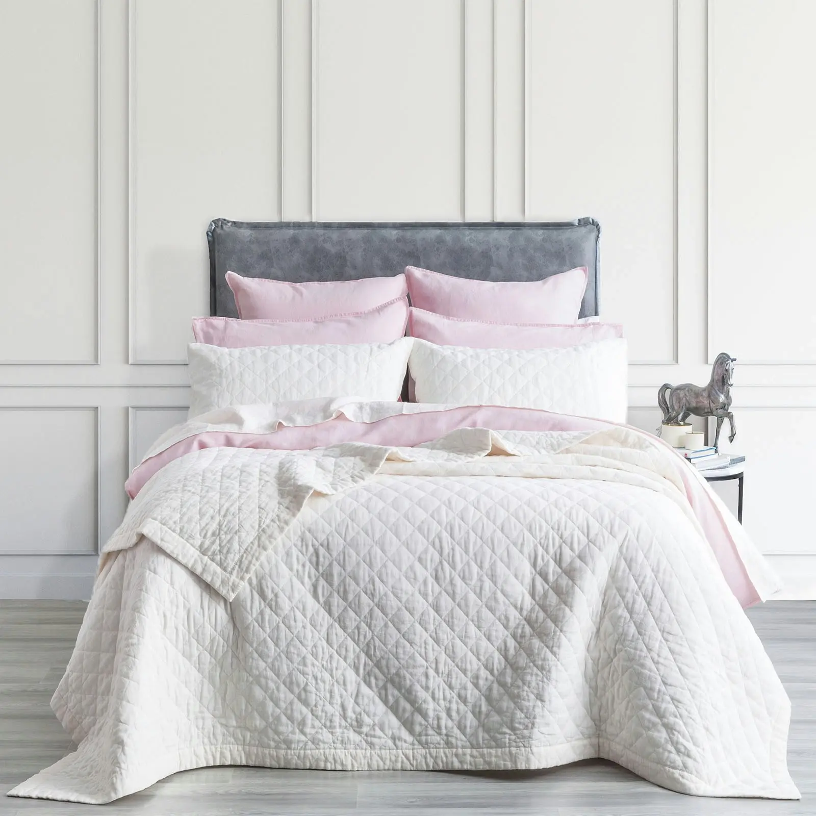Renee Taylor Cavallo Queen/King French Linen Quilted Coverlet/Pillow Sham White - Home & Garden