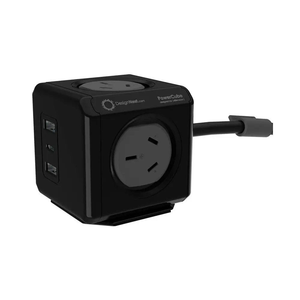 Design Nest Allocacoc Multiport Quick Charging PowerCube AU/NZ Plug Socket Black - Electronics