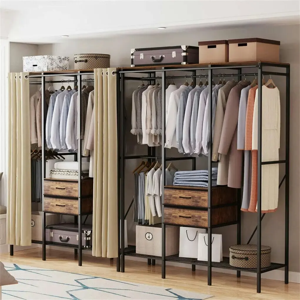 Fin Xxl Large Industrial Coat Rack Stand Bedroom Open Wardrobe W/ 2 Drawer Shelves - Home & Garden