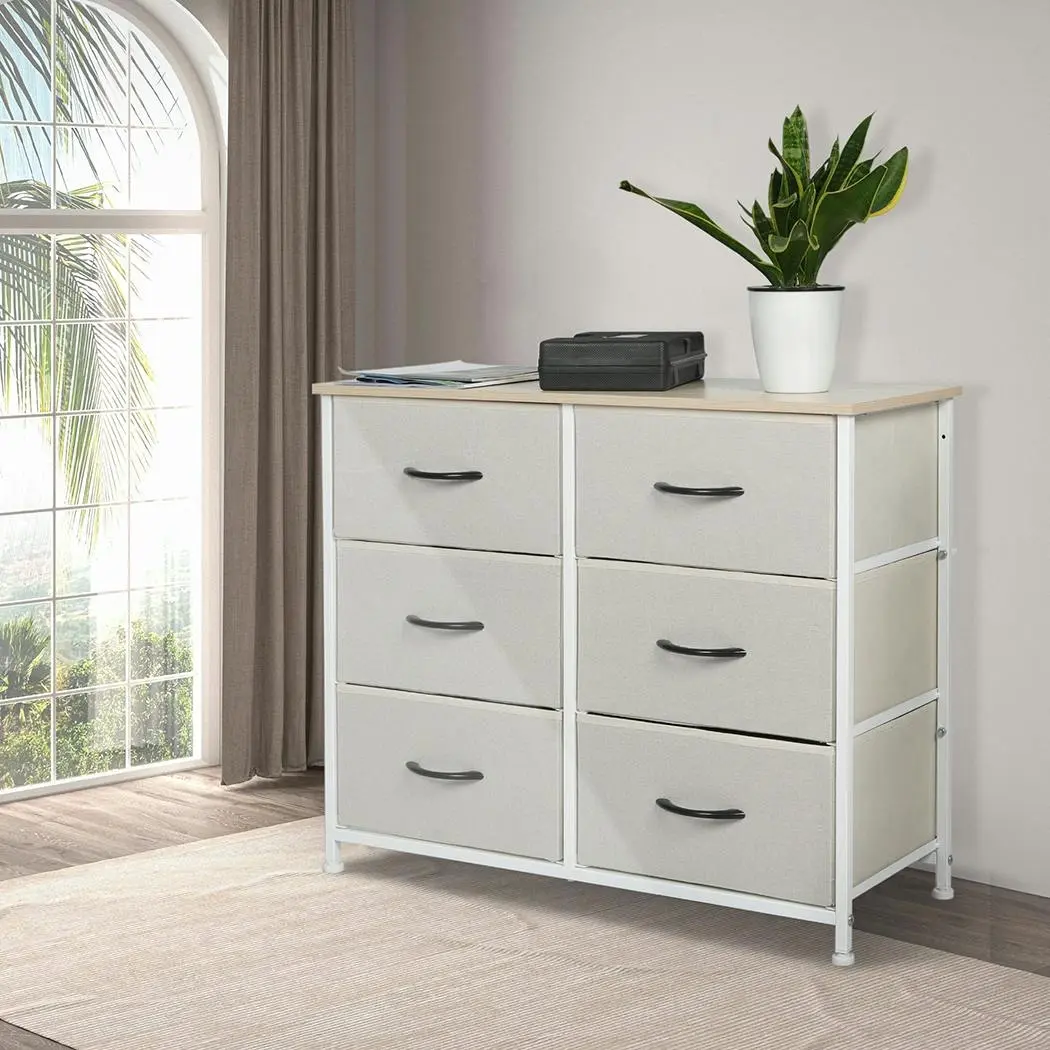 Levede Storage Cabinet Tower Chest of Drawers Dresser Tallboy 6 Drawer Beige - Furniture