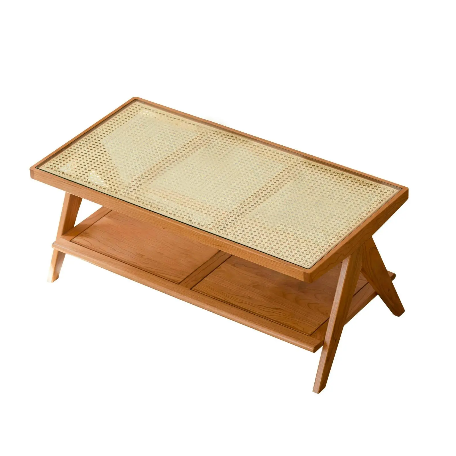 American Cherry Wood Coffee Table Modern Wooden Tables, Rattan Top Center Table For Living Room - Cosy Home Specials