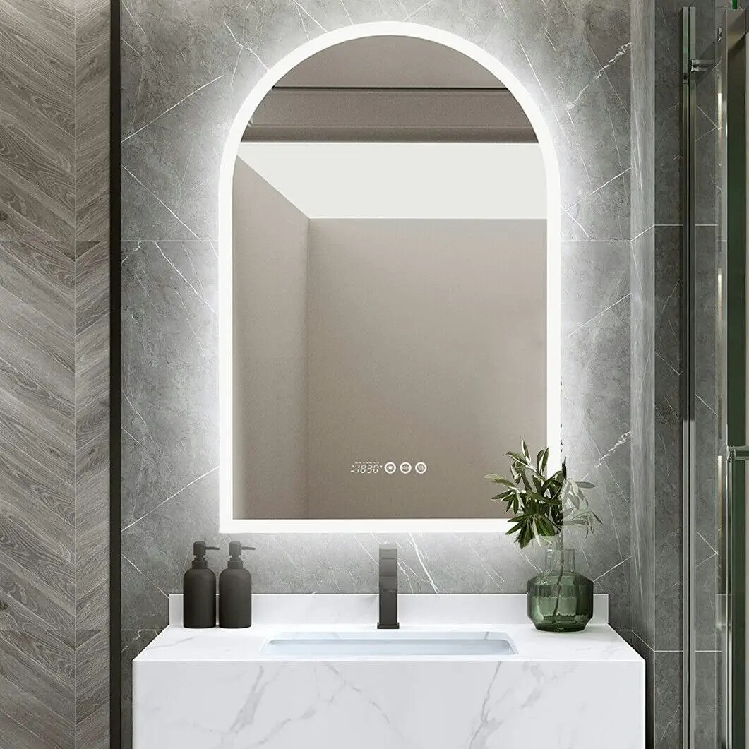Fin 60*90Cm Modern Arch Top Led Lighted Bathroom Mirror Backlit Antifog W/ Timer Set - Home & Garden