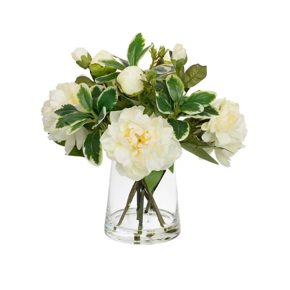 Glamorous Fusion White Peony & Rose Artificial Faux Plant Flower Decorative Mixed Arrangement 36cm In Glass - Home & Garden