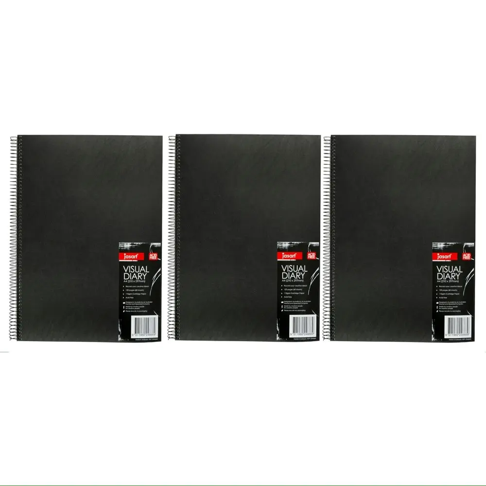 3x Jasart 120 Page A4 Visual Diary 21x29.7cm Journal Notebook Stationery Black - Office