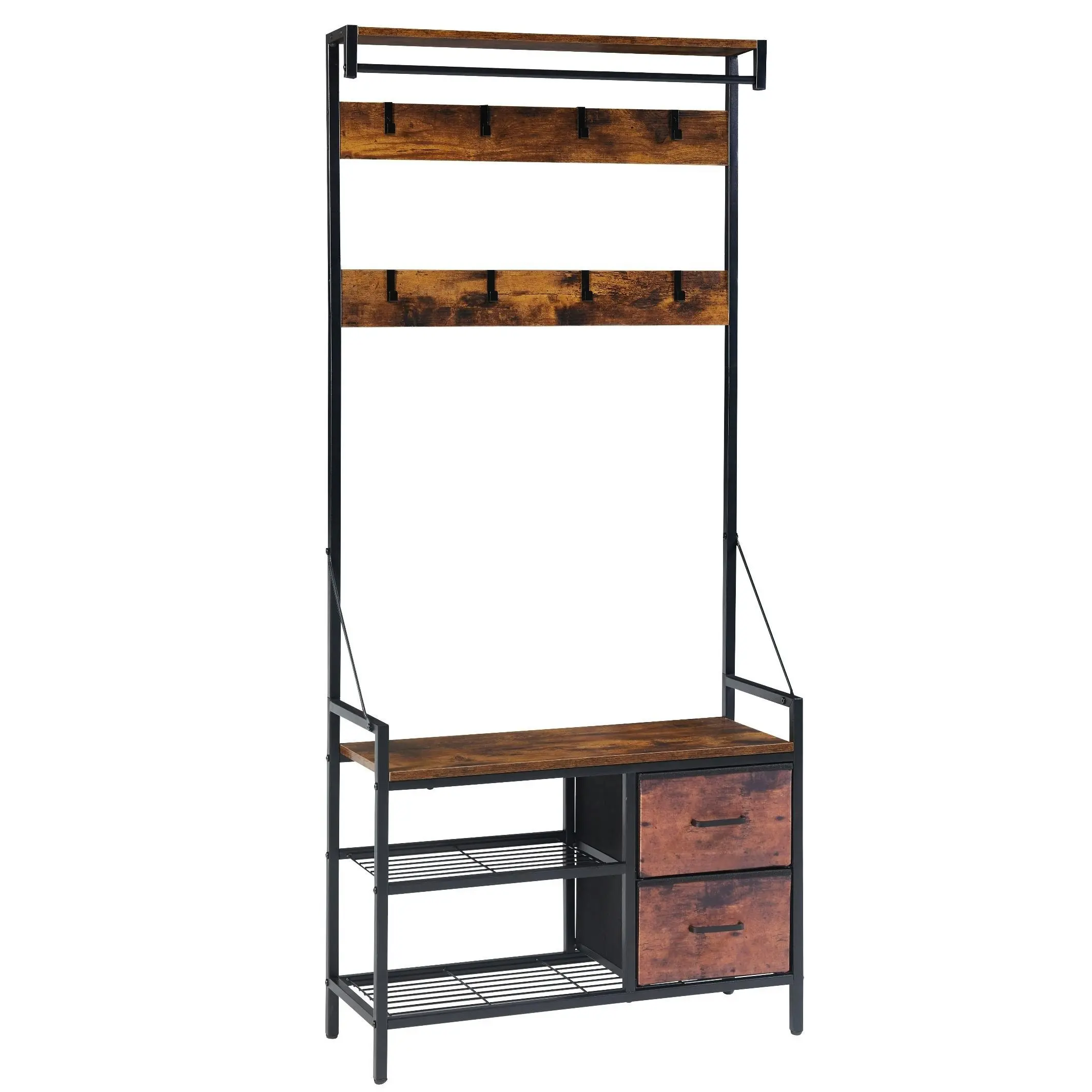 HLIVING Entryway Bench with Coat Rack and 2 Drawers, Rustic Brown - Home & Garden
