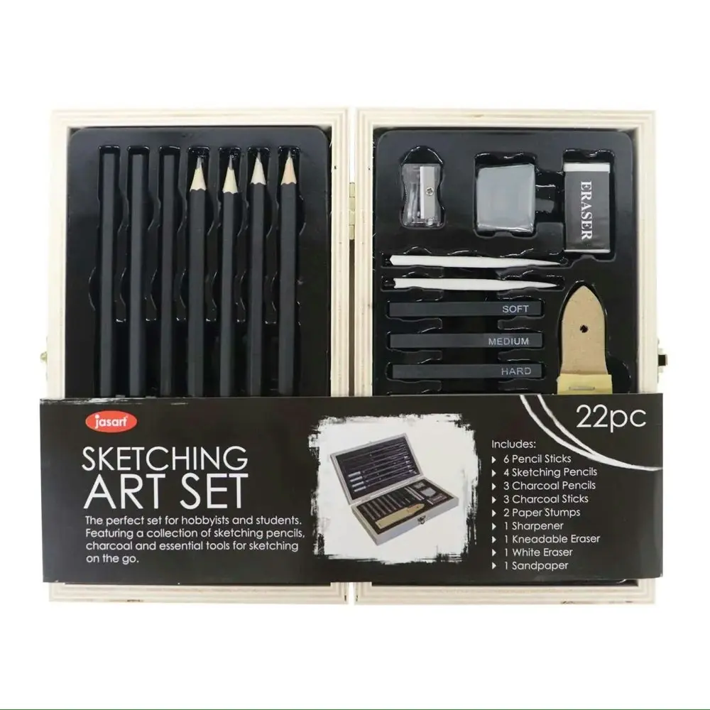 22pc Jasart Pencil/Charcoal Sketching Drawing Art/Craft Set w/ Wooden Travel Box - Office