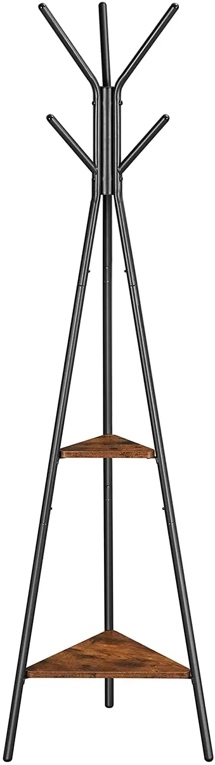 Black Coat Rack Stand Industrial Style 2 Shelves Clothes - Home & Garden