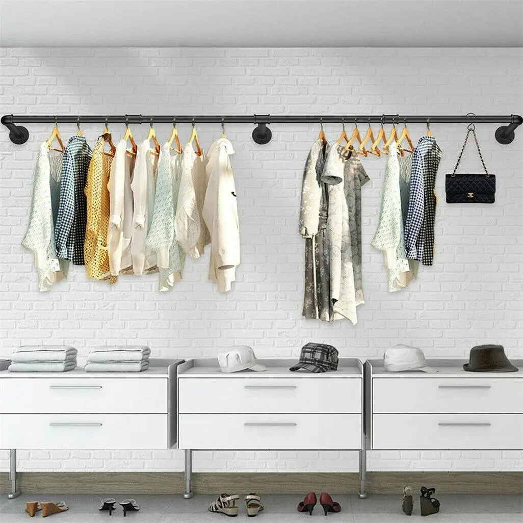 Super Long Garment Rail Industrial Vintage Pipe Clothes Rack Wall Floating Shelf - Home & Garden