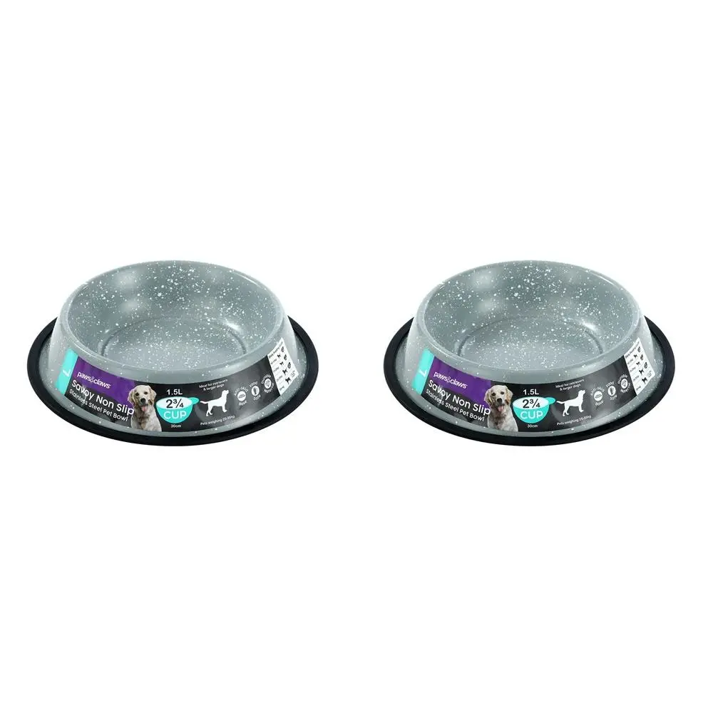 2x Paws & Claws Savoy 1.5L/29cm Pet/Dog Stainless Steel Food Bowl Non-Slip Grey