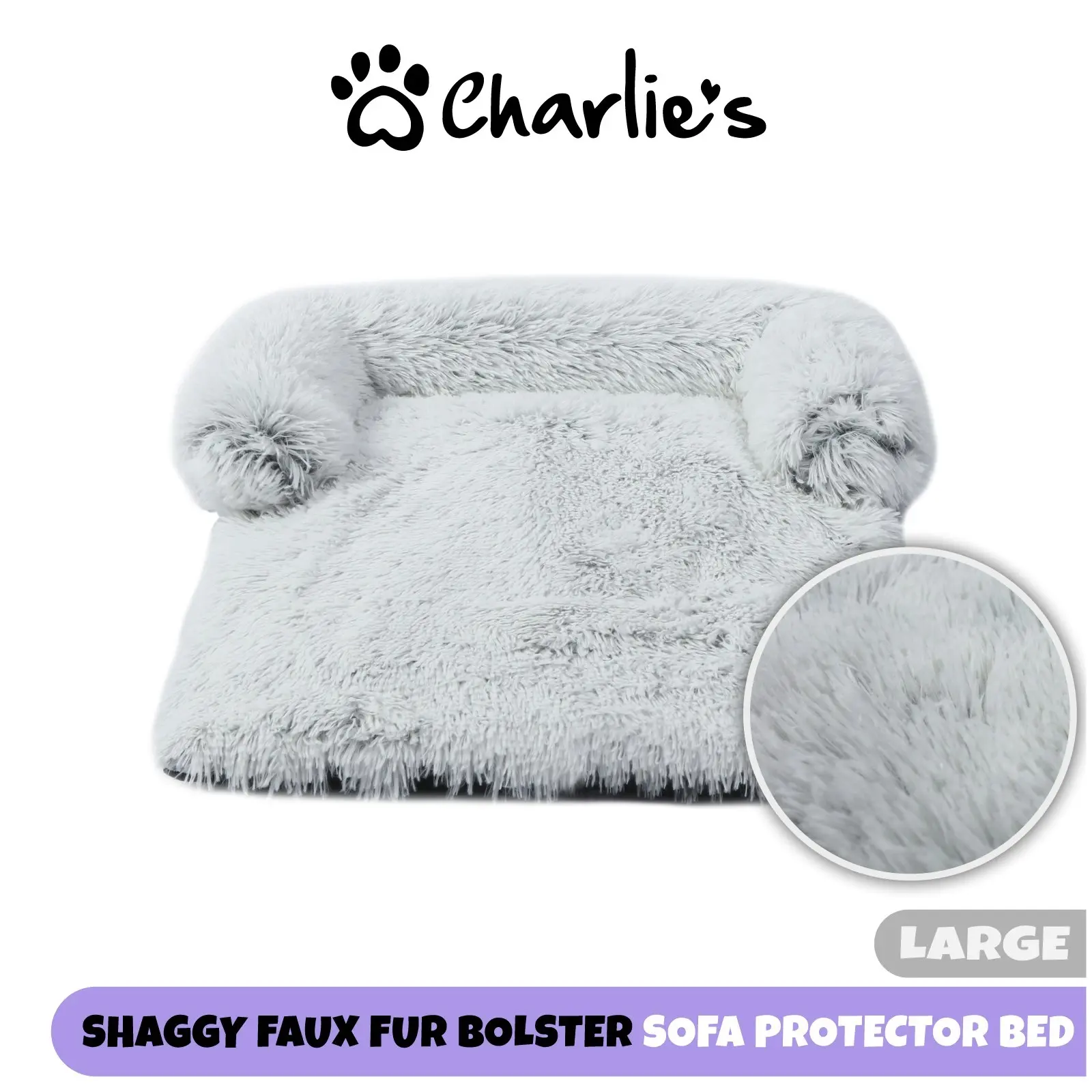 Charlie's Shaggy Faux Fur Bolster Sofa Protector Calming Dog Bed Arctic White Large - Pets