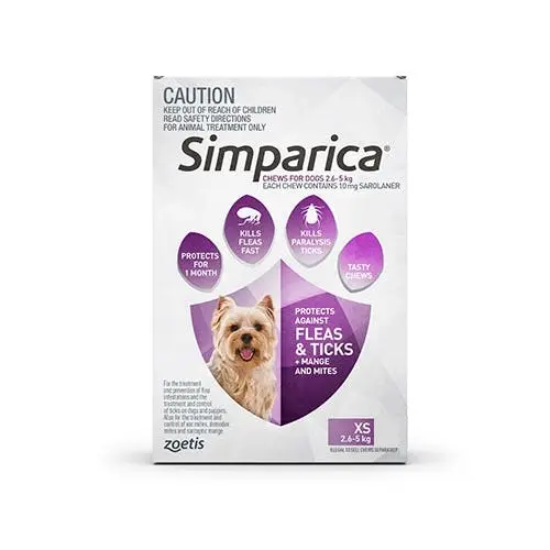 SIMPARICA for Very Small Dogs 2.5 to 5 Kg (Purple) 3 Chews - Pets